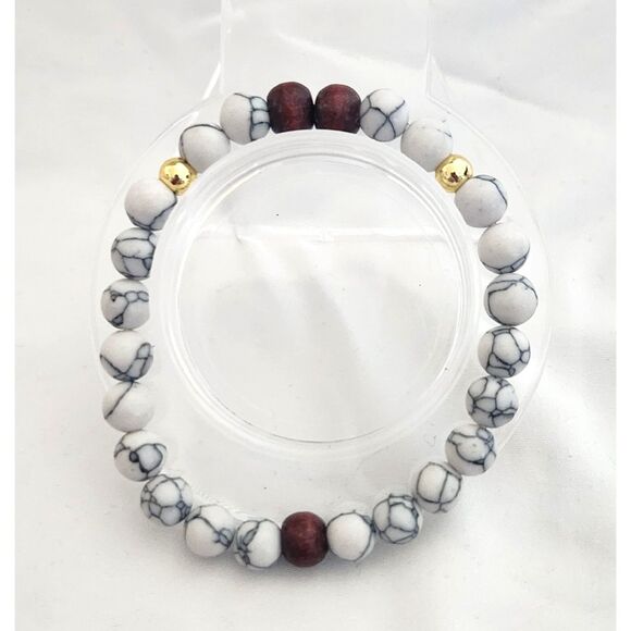 White Howlite Gemstone Bracelet w/ Wood & Gold Accents – Handmade - Picture 1 of 1